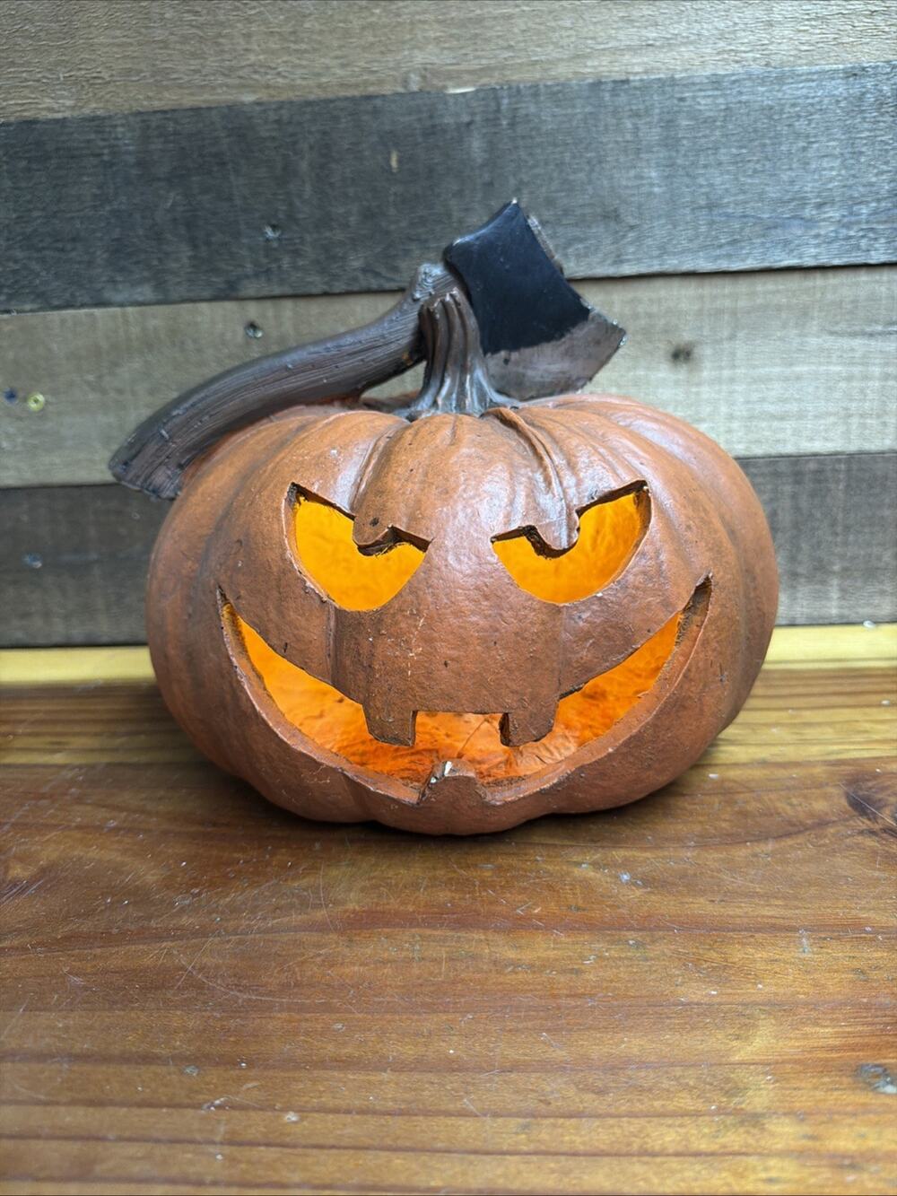 Ceramic Lighted Pumpkin Jack O Lantern With Axe In Top 9”